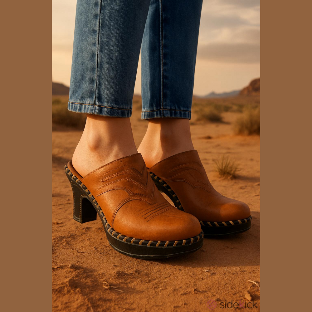 Sonora Tan Real Leather Slip-On Clog Mule Western Cowgirl Chunky Heel Embroidery